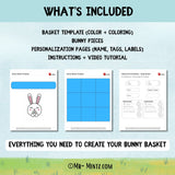 Child holding a handmade Easter bunny basket filled with foil-wrapped chocolate eggs. Cute paper craft with bunny face, perfect for treats and small gifts. Easy printable craft template for preschool and kindergarten kids.