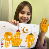 Printable Ramadan Handprint Art Craft with stars and moon, serving as creative Islamic Crafts for Kids or a special Ramadan Gift from Kids to beautify any Ramadan Decor