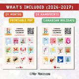 A two-year printable handprint calendar preview featuring 24 month pages (2026 and 2027) that invite young children to add one painted handprint each month to complete simple themed artwork, making an easy classroom routine or home tradition that becomes a memory book-style keepsake. 