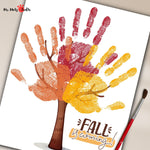 Children’s Fall Handprint Tree Craft with ‘Fall is Coming!’ phrase, featuring colorful handprint leaves.