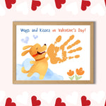 Cute Valentine’s Day dog handprint craft featuring a cheerful puppy design and personalized handprint, perfect for preschool and kindergarten kids.