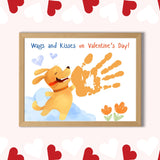 Cute Valentine’s Day dog handprint craft featuring a cheerful puppy design and personalized handprint, perfect for preschool and kindergarten kids.