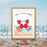 Crab handprint craft with the text ‘Have a Crabulous Summer’ featuring a red crab made from handprints on a sandy beach with waves.