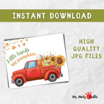 Fall Handprint Pumpkin Truck Craft for kids featuring a red truck, pumpkins, and handprints with the phrase ‘Little Hands, Big Pumpkins.