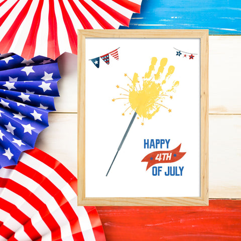 4th of July handprint craft featuring a sparkler and “Happy 4th of July” message. Perfect for kids to create a patriotic keepsake for Independence Day. Includes a digital download with high-quality PDF files for easy printing. Celebrate the USA with this fun and festive activity.