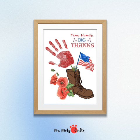 Veterans Day handprint craft for kids featuring a red handprint, military boot, poppies, and American flag, ideal for a patriotic activity to teach military appreciation in classrooms or family gatherings.