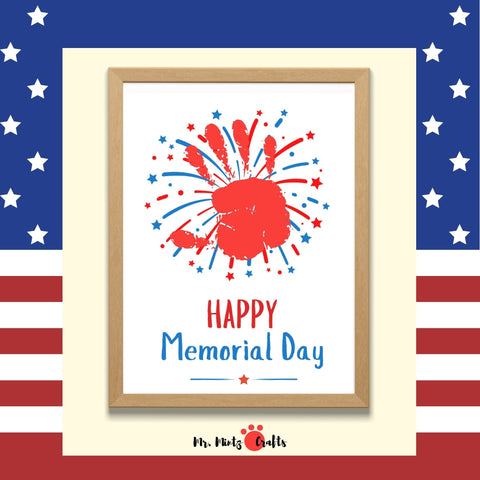 Printable Memorial Day craft with a red handprint forming a fireworks shape, surrounded by blue and red stars, ideal for preschool patriotic art activities.