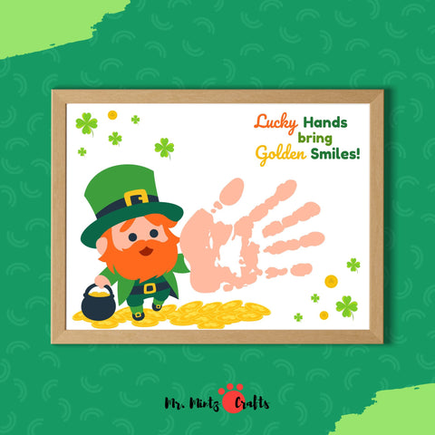 St. Patrick’s Day printable craft featuring a leprechaun, a pot of gold, shamrocks, and a child’s handprint to complete the design. Fun for preschool & kindergarten.