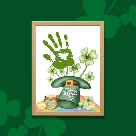 Printable St. Patrick’s Day handprint craft featuring a leprechaun hat, lucky shamrocks, and gold coins. Fun and easy DIY project for kids’ holiday art.