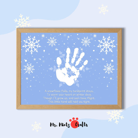 Snowflake handprint craft for kids with a sentimental winter poem, perfect for creating lasting keepsakes and seasonal decorations.