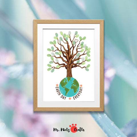 Downloadable Earth Day Tree Craft Printable for kids, designed to use fingerprints as leaves, perfect for preschool art projects and spring classroom Earth Day activities.