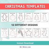 Printable Christmas templates for kids featuring 12 holiday shapes in two sizes, including a tree, mitten, star, stocking, candy cane, bunny, angel, and bell. Perfect for cutting, tracing, yarn wrapping, classroom crafts, and preschool Christmas activities.