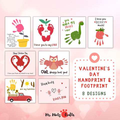 Here are a bundle of creative Valentine's day handprint footprint art crafts and card ideas for kids to make! This Valentines Day set includes an “You are my sunshine,” a “You Make My Heart Saur,” an “Owl Always Love You Owl,” Valentine truck, and more.
