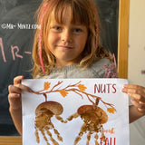 Nuts About Fall handprint craft featuring two acorns made from handprints with the message ‘Nuts About Fall