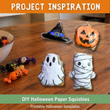 Halloween paper squishy printable listing preview featuring four black-and-white templates for a pumpkin, wrapped mummy, witch's hat, and ghost, with a finished orange jack-o’-lantern paper squishy in front and an instant download banner on a purple Halloween background.