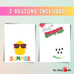 Summer handprint craft set with two designs: a pineapple with ‘Stay Cool’ and a watermelon with ‘Sweet Summer’ messages.