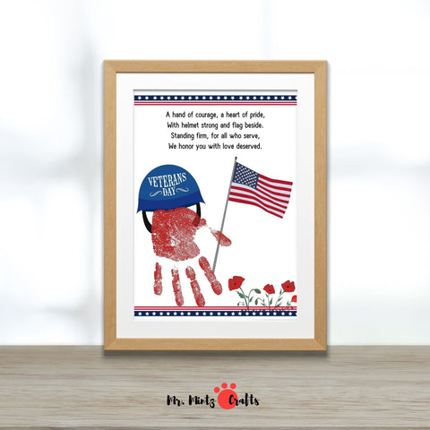 Veterans Day handprint craft with soldier helmet, American flag, and patriotic poem