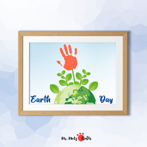 Earth Day handprint art printable featuring a globe with sprouting leaves, designed for preschool spring classroom activities and Happy Earth Day events, awaiting a childs handprint to complete.