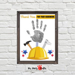 Labor Day handprint craft for kids featuring a construction hat filled with tools and a handprint, with the message ‘Thank You for Your Hard Work.’ Perfect for holiday art projects.