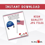 Veterans Day handprint craft with soldier helmet, American flag, and patriotic poem