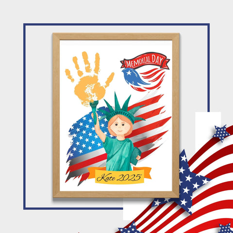 Memorial Day handprint craft featuring a girl dressed as the Statue of Liberty holding a torch with a painted handprint flame.