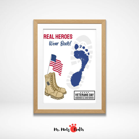 Veterans Day footprint craft for kids featuring a blue footprint, military boot, and American flag, designed as a patriotic activity to teach military appreciation in classrooms and family settings.