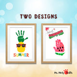 Summer handprint craft set with two designs: a pineapple with ‘Stay Cool’ and a watermelon with ‘Sweet Summer’ messages.