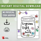 Printable Grandma fingerprint firefly craft for a preschool or kindergarten Grandparents Day activity, featuring a large jar and simple bug outlines that children ages 3–7 complete with colorful painted fingerprints, creating an easy teacher-guided classroom keepsake students can personalize and take home as a special “You Light Up My World” gift for Grandma.