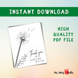 Handcrafted card with a dandelion illustration made from childrens colorful fingerprints, accompanied by the text Thank you for helping us grow and fly high as a symbol of teacher appreciation and student growth.