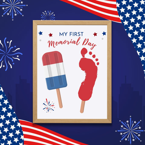 Memorial Day footprint craft for baby’s first celebration with red footprint and patriotic popsicle illustration.