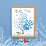 Winter Handprint Tree Craft for kids with a frosty blue tree design and ‘Happy Winter’ message, perfect for seasonal keepsakes and art projects.