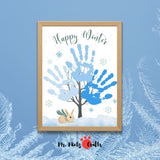 Winter Handprint Tree Craft for kids with a frosty blue tree design and ‘Happy Winter’ message, perfect for seasonal keepsakes and art projects.