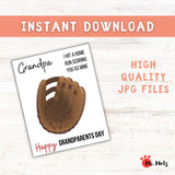 Printable Grandpa baseball handprint craft for a preschool or kindergarten Grandparents Day activity, showing a large illustrated brown baseball glove where children ages 3–7 can place a painted handprint, along with a home run message for Grandpa and Happy Grandparents Day lettering to create a classroom keepsake to take home.