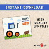 Printable Father’s Day tractor craft featuring a child’s painted footprint as part of a blue tractor, with the phrase “Daddy’s Tractor Buddy” — a sweet farm-themed keepsake for dad.