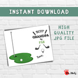 Printable Grandpa golf handprint craft for a preschool or kindergarten Grandparents Day activity, showing a putting green, flag, golf ball, clubs, and an open area for children ages 3–7 to add a painted handprint, creating an easy teacher-guided classroom keepsake students can personalize for a Grandpa who enjoys golf.