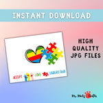 Printable autism awareness handprint craft for kids featuring a rainbow heart, colorful puzzle pieces, and handprint space. Designed for preschool, kindergarten, and special education classrooms. Encourages acceptance, love, and understanding during Autism Awareness Month. Perfect for sensory and inclusive classroom crafts and emotional learning.