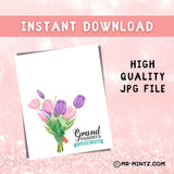 Printable Grandparents Day flower handprint craft for preschool and kindergarten featuring a colorful bouquet of pink and purple tulips with open white space above for children ages 3–7 to add a painted handprint, creating an easy teacher-guided classroom keepsake students can personalize and take home as a gift for their grandparents.