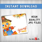 Harvest Handprint Scarecrow Craft for kids with ‘Harvest Hugs’ and a colorful scarecrow design.