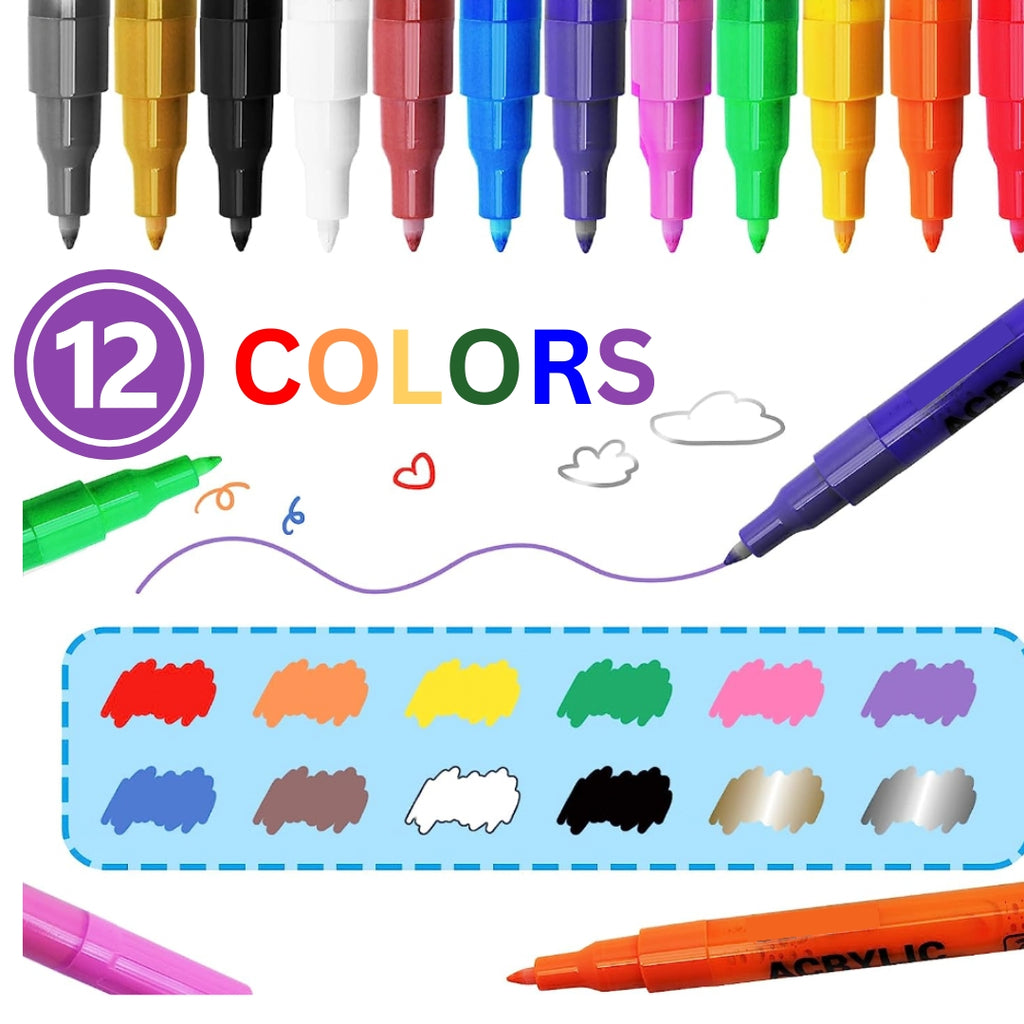 Alitastro 12 Acrylic Paint Pens - Waterproof Fabric Paint Markers Acrylic Markers For Rock Painting, Glass, Wood, Stone, Canvas, Metal, Arts And