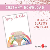 Spring handprint craft featuring a paintbrush with a rainbow burst, a perfect printable art activity for preschool and kindergarten kids.