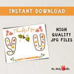 Thanksgiving handprint craft for kids with ‘Thankful for You’ message, featuring autumn-themed letters, fall leaves, and a pumpkin stem, perfect as a keepsake for family or classroom activities.