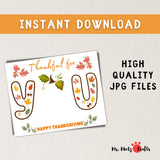 Thanksgiving handprint craft for kids with ‘Thankful for You’ message, featuring autumn-themed letters, fall leaves, and a pumpkin stem, perfect as a keepsake for family or classroom activities.