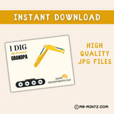 Printable Grandpa excavator handprint craft for a preschool or kindergarten Grandparents Day activity, featuring a bright yellow construction digger and space for children ages 3–7 to add their painted handprint, creating an easy classroom keepsake students can make for Grandpa during a family or Grandparents Day theme.