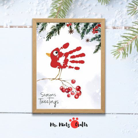 Cardinal Handprint Craft for kids featuring a red bird design and ‘Seasons Tweetings’ message, perfect for winter keepsakes and art projects.