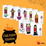 Printable Halloween puppet craft for kids featuring characters like Ghost, Vampire, and Mummy, perfect for preschool and kindergarten.