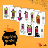 Printable Halloween puppet craft for kids featuring characters like Ghost, Vampire, and Mummy, perfect for preschool and kindergarten.