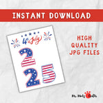 Child’s handprint in blue paint placed in the center of patriotic numbers “2025.” July 4th printable craft idea for preschoolers and kindergartners.
