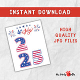 Child’s handprint in blue paint placed in the center of patriotic numbers “2025.” July 4th printable craft idea for preschoolers and kindergartners.