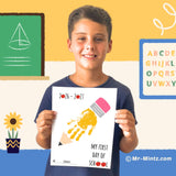 My First Day of School handprint craft featuring a handprint transformed into a pencil with space for the child’s name and school year, perfect for back-to-school activities.