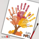 Autumn-themed handprint tree craft for kids, featuring vibrant fall colors and a ‘Happy Fall’ message. Perfect for seasonal art activities, this craft captures the essence of autumn with colorful handprints forming the leaves of a tree.